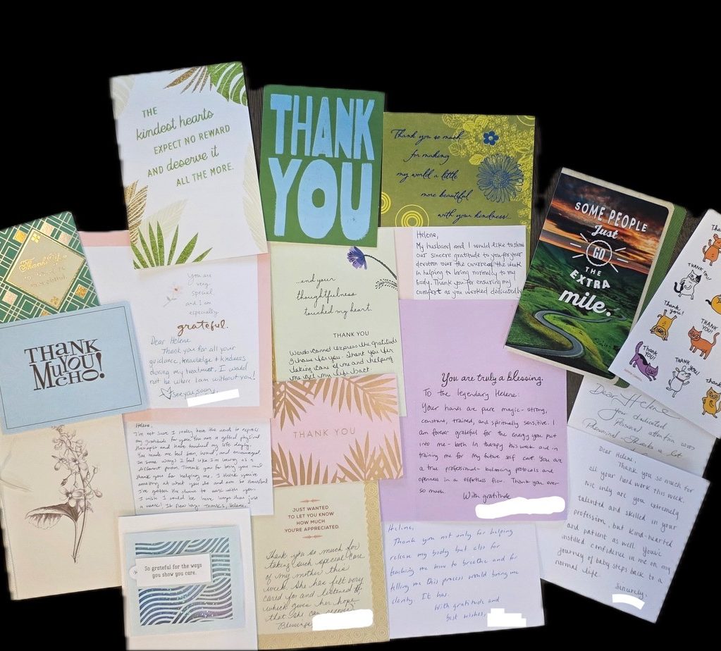 A collection of handwritten thank-you cards from patients.